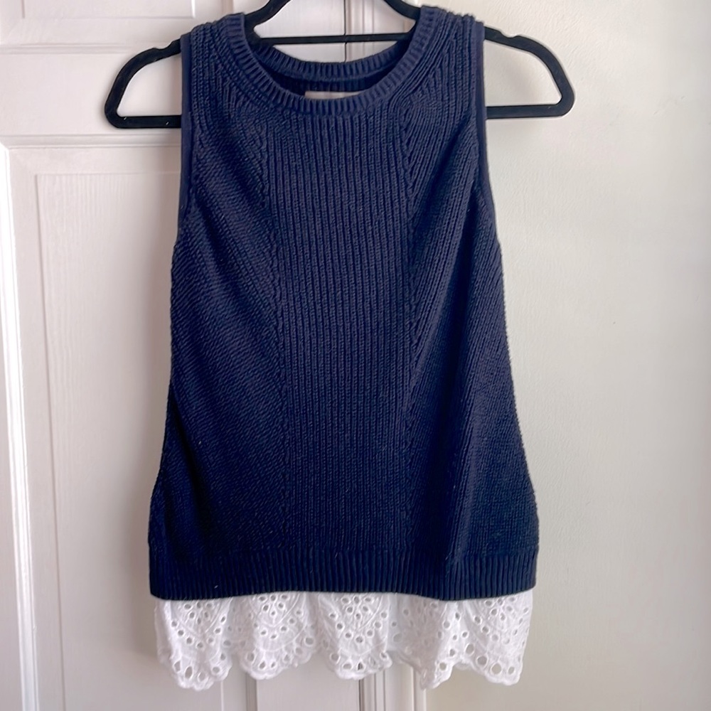 Navy blue sweater tank with eyelet trim